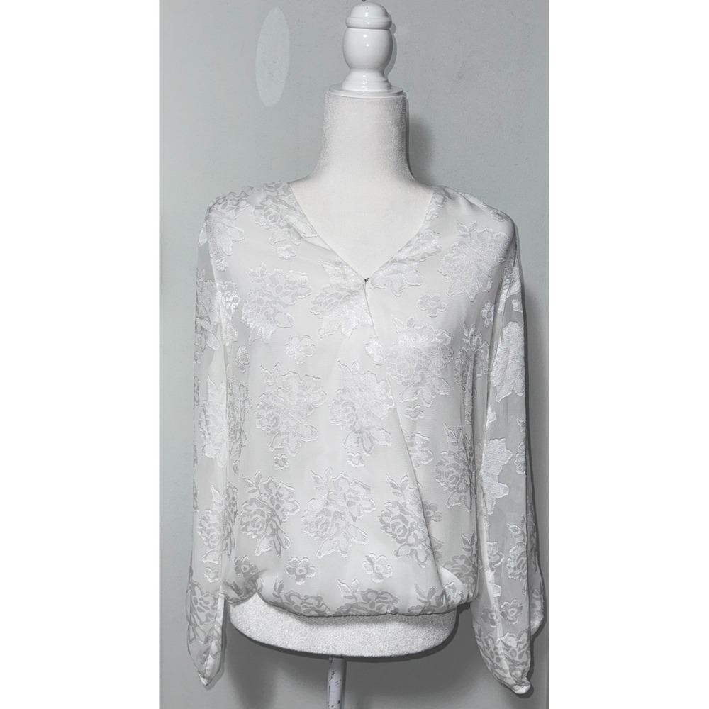 White House Black Market Womens Size 6 Blouse Floral Burnout Surplice Faux Wrap